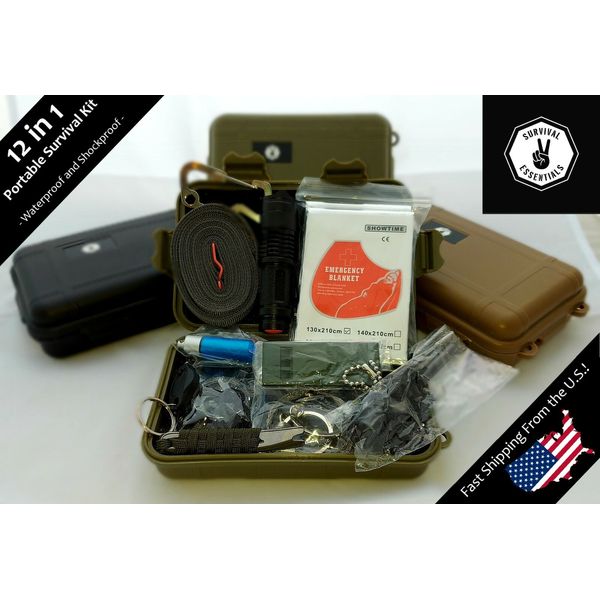 Survival Essentials 12 Pc. Kit Tactical Gear Emergency Prepping Backpacking BOB