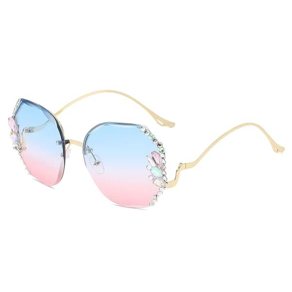 SBYMX New Vintage Rimless Diamond Sunglasses, Women Oversized Rimless Gradient Diamond Cutting Lens UV Protection Sunglasses (Blue Pink)