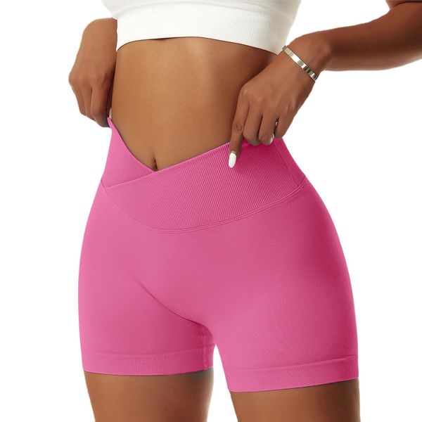 Vertvie Damen Gym Shorts V Cross Stretch Push Up Yoga Shorts Booty Scrunch Fitness Hosen Kurz High Waist Nahtlos Workout Sportshorts Butt Lift Kurze Leggings Sommer (Roserot, S)