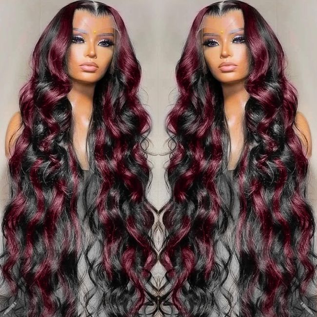 200% Density 13X6 Lace Front Wigs Human Hair Pre Plucked 13X6 Rose Red Highlight Human Hair Lace Front Wigs Ombre Lace Front Wigs Human Hair Brazilain Virgin Glueless Wigs Human Hair With Baby Hair