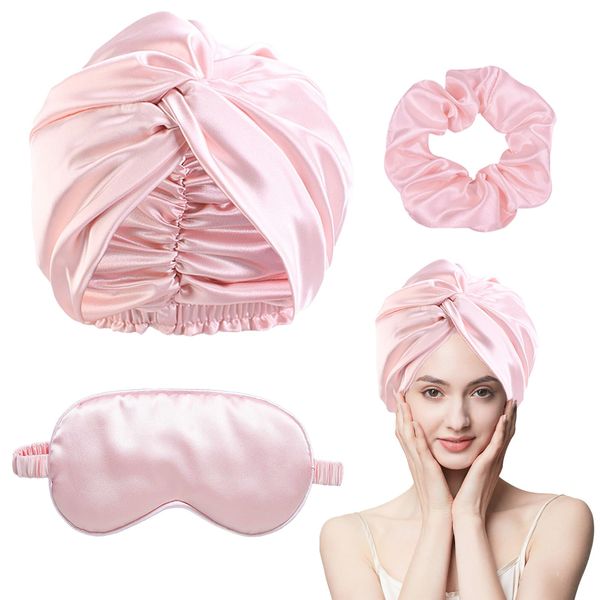 KEYRI 3 Pieces Set Silk Hair Wrap for Sleeping Soft Satin Bonnet Double Layer Soft Silky Head Scarf Elastic Head Cover Sleeping Hat for Women and Girls Sleeping Makeup Cap Curly Hair Protection (Pink)