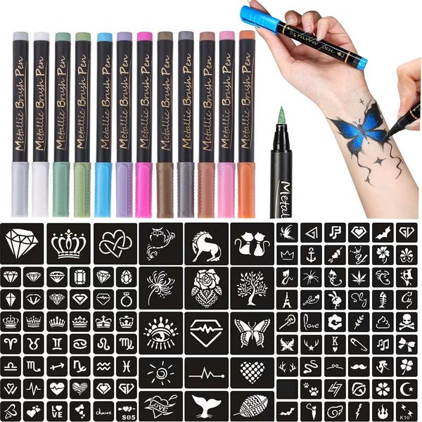 Temporary Tattoo Markers for Skin - Dual-End Tattoo Pens for Body & Face Art with 111 Tattoo Stencil Papers, 12 Pens Make Bold and Fine Lines, Cosmetic Quality(BETY-6)