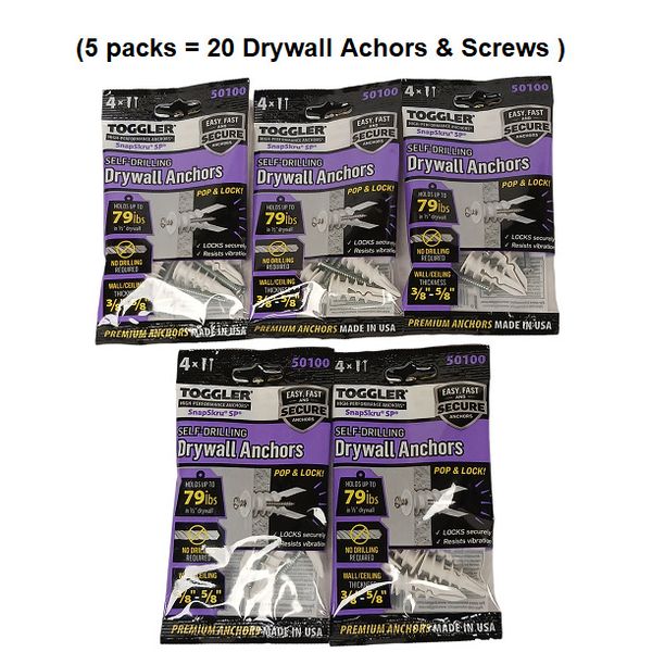 (5PACK)NEW Toggler 50100 SnapSkru Self-Drilling Drywall Anchors W Screws3/8-5/8”