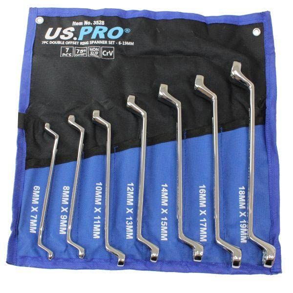 US PRO Tools 7 Piece Double Offset Ring Spanner Wrench Set 6-19MM 75DEG 3528