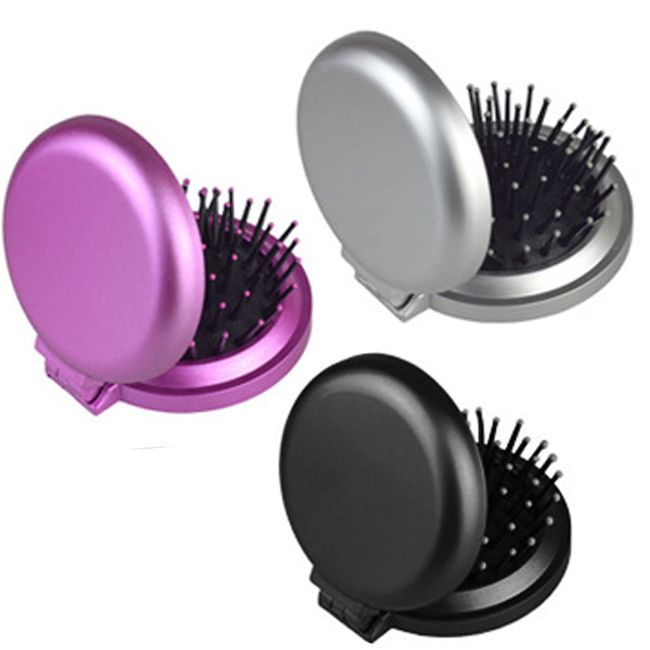 3Pack Folding Travel Mirror Hair Brushes Round Pocket Hair Brush Mini Round Folding Comb for Travel Girls and Women(Black + silver + purple)