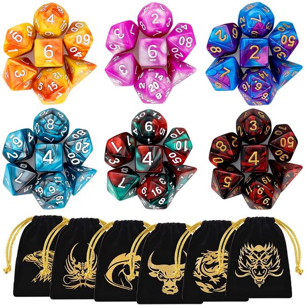 DND Dice, QMAY 6 x 7 Set Polyhedral Double-Color Dice Sets with 6 Gold Pattern Drawstring Pouches for Dungeon and Dragons MTG Table Games RPG DND D20 D12 D10 D% D8 D6 D4