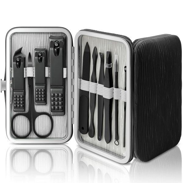 BLESWIN 10 in 1 Manicure Set, Professional Manicure Pedicure Kit for Women, Nail clipper Set for Men, Nail Care Kit with Leather Travel Case, Travel Nail Kit for Friends Parents Gift (Black)