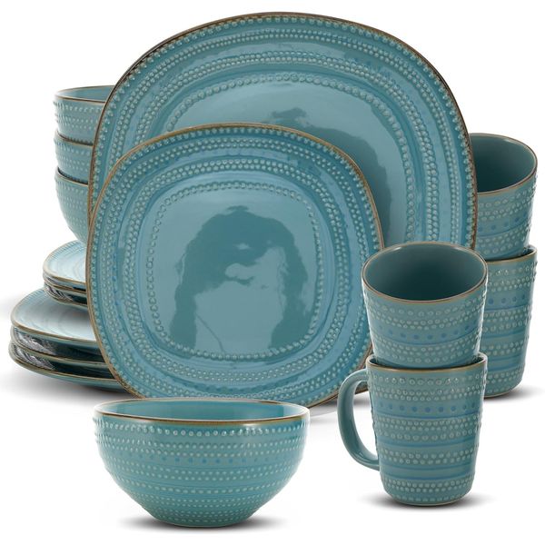 16-Piece Teal Stoneware Dinnerware Set - Includes Dinner Plates, Salad Plates, B