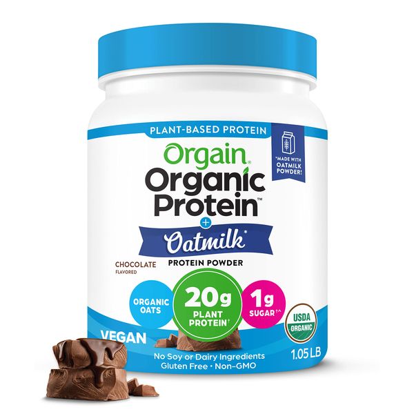 Orgain Organic Vegan Protein Powder + Oat Milk, Chocolate - 20g Plant Based Protein with Milk from Oats, Gluten Free, Dairy Free, Lactose Free, Soy Free, Low Sugar, Non GMO, Kosher - 1.05lb