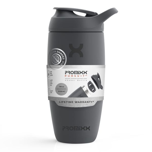 Promixx Pursuit Shaker Bottle Insulated Stainless Steel Water Bottle and Blender Cup, 550ml, Graphite