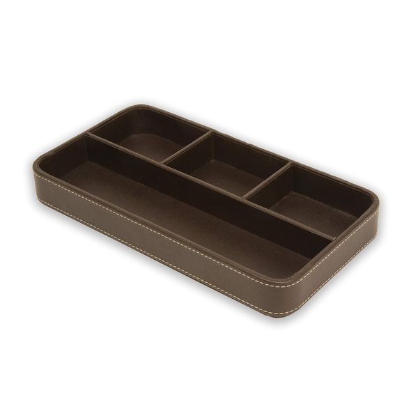 OSCO Schubladen-Organizer aus braunem Kunstleder | Valet-Tablett | Schubladenaufteilung | Schubladenteiler | Schmuckdisplay | Schreibwarenaufbewahrung | H3,5 x B30 x T16 cm |