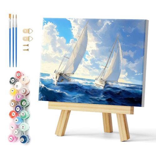 Natuyalo Framed Paint by Numbers Kit for Adults Beginner, Sailboat in Waves Adult Paint by Number Kits on Canvas, DIY Acrylic Paint by Number for Adults with Frame 12x16 Inch