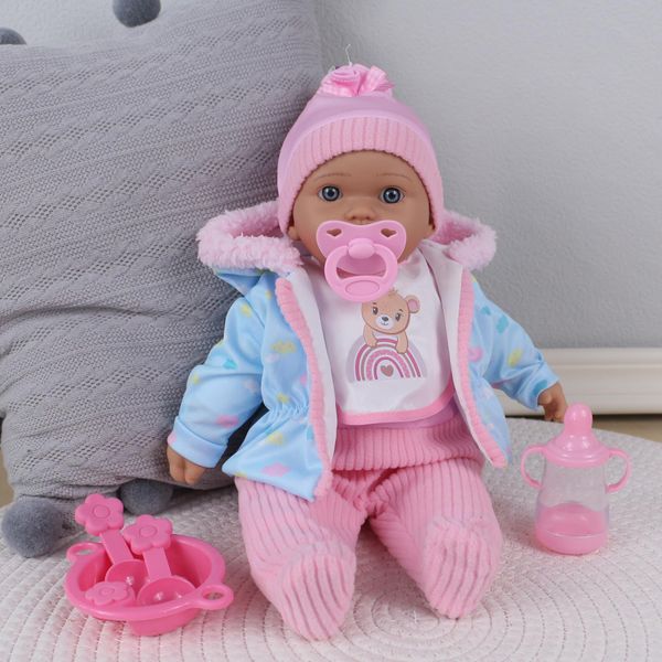 haveahug 16” Soft 16” Soft Baby Doll-Baby Girl with Removable Coat and bib, 5 Pieces with Dinner Set, Baby Bottle and Accessories (Ella)