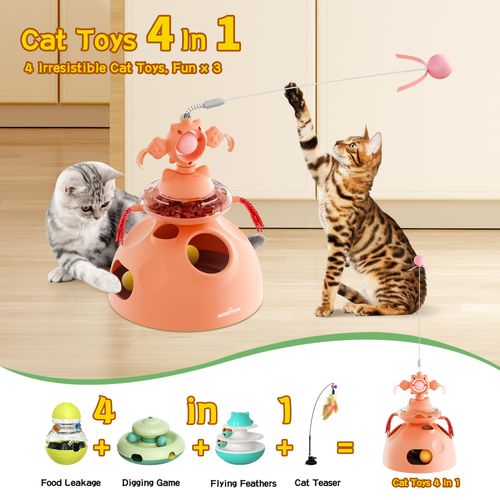 beitophome 4-in-1 Cat Toys, Interactive Cat Toy with Track Balls, Fluttering Feathers, Slow Food Dispenser, Fun & Engaging Toys for Bored Indoor Cats, Durable & Safe Interactive (Pink)