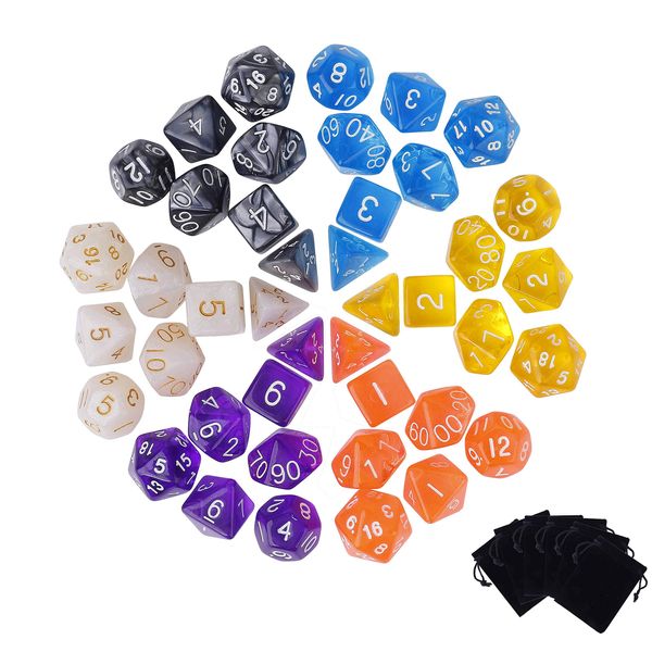 Dice 42 Pieces Polyhedral Game Dice Set for Dungeons and Dragons DND RPG MTG D20 D12 D10 D8 D6 D4 Table Game with 6 Velvet Bags