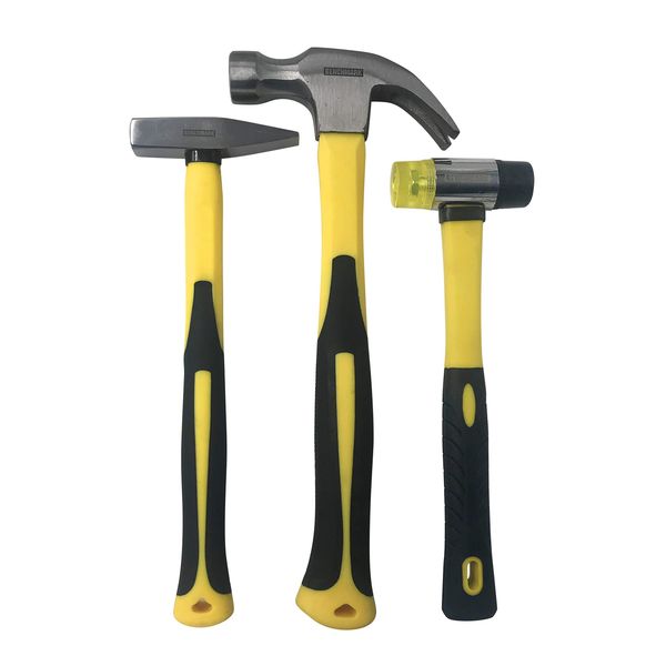 Benchmark - 3 Piece Hammer Set; 16 OZ. Claw Hammer, Tack Hammer; Rubber Mallet (Double SIded); Shock Absorbing Rubber Grips, Durable Fiberglass Handles And Polished Steel Heads