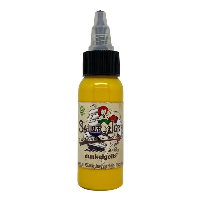 REACH-konforme Sailor Jerry Tattoofarbe Dunkelgelb (Dark Yellow) 30 ml. Deutsche Tattoofarbe, Made in GERMANY. Mit Zertifikat. Tätowierfarbe, Tattoo Ink, Vertrieb durch HAN-SEN GmbH