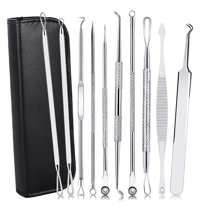 10 Stück Mitesserentferner Komedonenquetscher Set, Kememo Mitesser Entferner Blackhead Remover mit Akne Pickel Pinzette, Edelstahl Pickel Ausdrücken Werkzeug für Nasen-Gesichtspflege