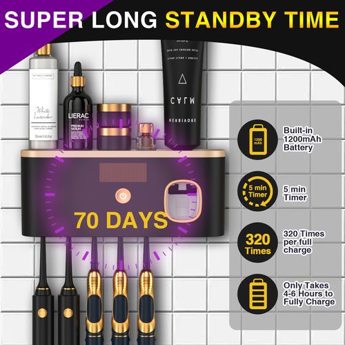 CPOTAM Toothbrush Holders for Bathrooms with UV Toothbrush Sanitizer, Toothbrush Holder Wall Mounted with Toothpaste Dispenser, Rechargeable Cordless Wall Mounted Tooth Brushing Holder