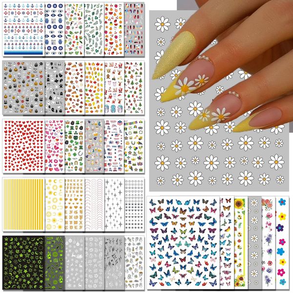 winthrop 36 Sheets All Holiday Nail Art Stickers, Mixed Season Nail Decals Set for All Year, Spring Summer 3D Self-Adhesive Colorful Pegatinas Uñas Daisy Butterfly 4th of July Halloween Christmas