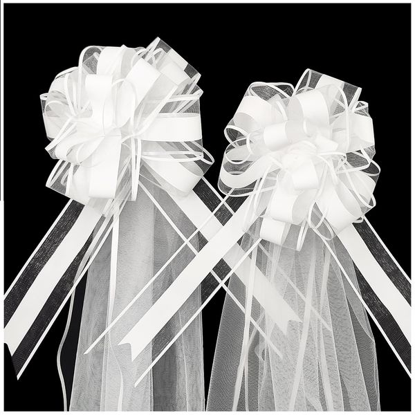 WANYIG 4 Stück Autoschmuck Autoschleifen Hochzeit Schleifenband Geschenkschleifen Stuhlschleife mit 4X Tüll Hochzeitsdeko Auto Schmuck für Hochzeit Geburtstag Weihnachten Party Deko (Weiß, 8 Stück)