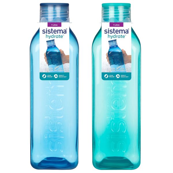 Sistema Square Water Bottles | 1L | Leakproof Kids Water Bottles | BPA-Free | Ocean Blue & Minty Teal | 2 Count