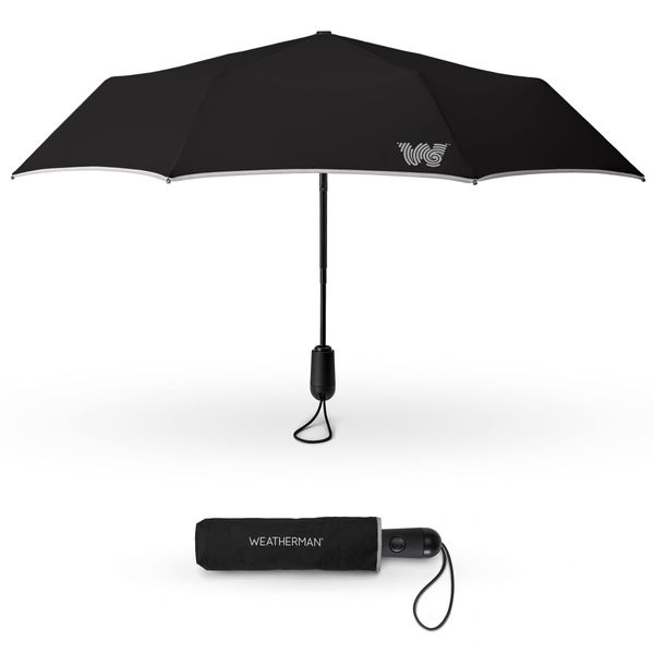 Weatherman Travel Umbrella - Windproof Compact Umbrella - Strong and Resists Up to 45 MPH Winds and Heavy Rain - Great Mini Umbrella For Backpack (Black)