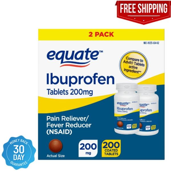 Equate Ibuprofen Tablets 200 mg, Pain Reliever/Fever Reducer, 2 Pack, 200 Count