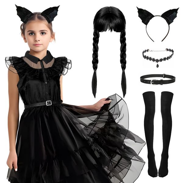 Alaiyaky Wednesday Costume Set, Evening Dress for Girls Black Dress Prom Dresses Outfits with Wig Headband Necklace Belt Socks, Black Bodycon Dress Ball Gowns for Women Party (Girls A, 110)