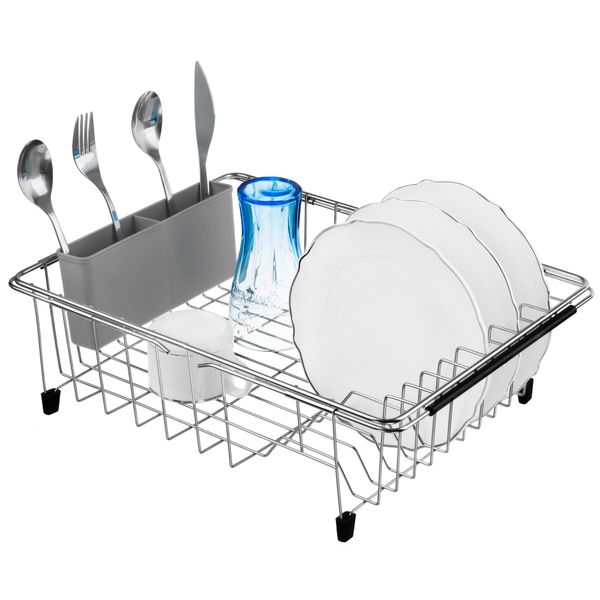 iPEGTOP Expandable Multifunctional Dish Drying Rack, Over The Sink, in Sink Or On Counter Dish Drainer Basket Organizer Shelf with Removable Grey Utensil Silverware Holder, Rustproof Stainless Steel