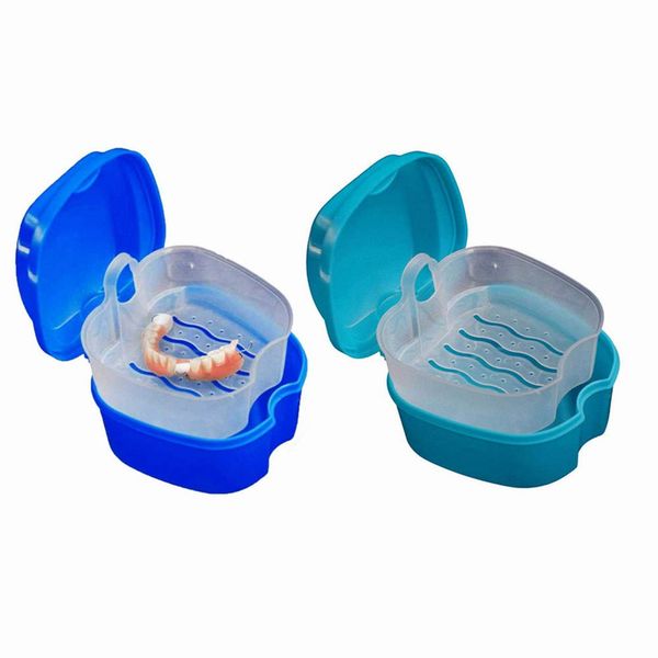 2 PCS Denture Bath Case with Strainer Basket, False Teeth Storage Box Holder, Denture Cup Soaking Container for Travel Cleaning (Blue Green)