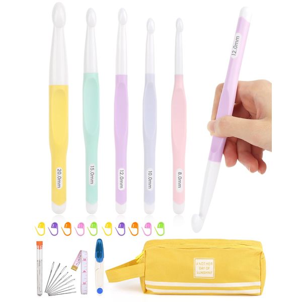 Aeelike Crochet Hooks Set Large, Ergonomic Large Sizes Crochet Hook 8mm 10mm 12mm 15mm 20mm UK, Large Crochet Hooks Set for Chunky Yarn, Big Crochet Hooks for Blanket Plastic Crochet Hooks for Travel