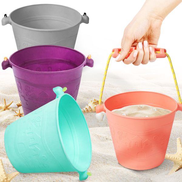 3 otters 4PCS Silicone Beach Buckets, Modern Beach Toys for Kids, Baby Beach Essentials, Fun Summer Activities, Multicolor