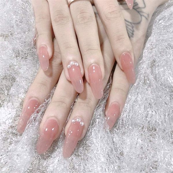 24pcs Long Nail Tips Pink Pearl Decoration Nail Fomme Gel Nail Cute Elegant Nail Jelly Nail