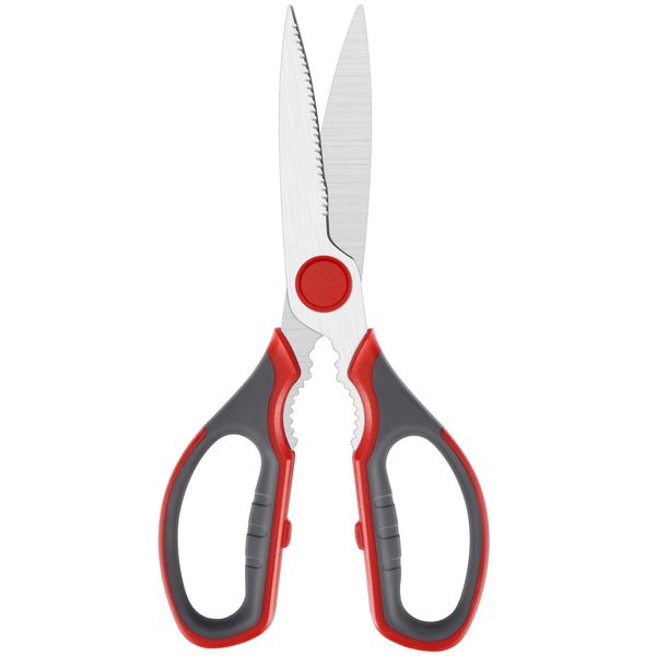 Wellstar Kitchen Scissors, Cooking Scissors, High Carbon Stainless Steel, Multi-functional, Meat Cutting Vegetables, Flexible Handle, Sharp, Curved Blade, Walnut Cracking, Bottle Opener, Can Opener, Rust Resistant, Red