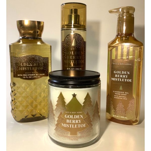 Bath & Body Works Golden Berry Mistletoe Mist + Shower Gel + Soap + Candle Set 4