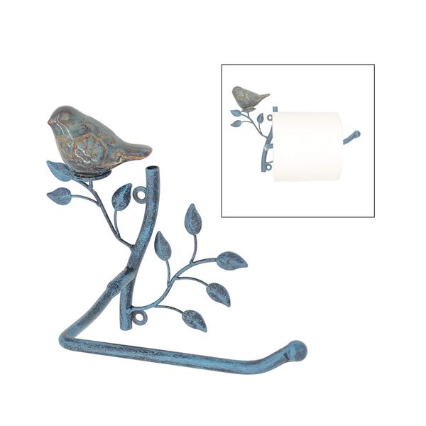 Owlgift Wall Mounted Metal Toilet Tissue Holder w/Ceramic Bird, Roll Organizer for Bathroom - Turquoise