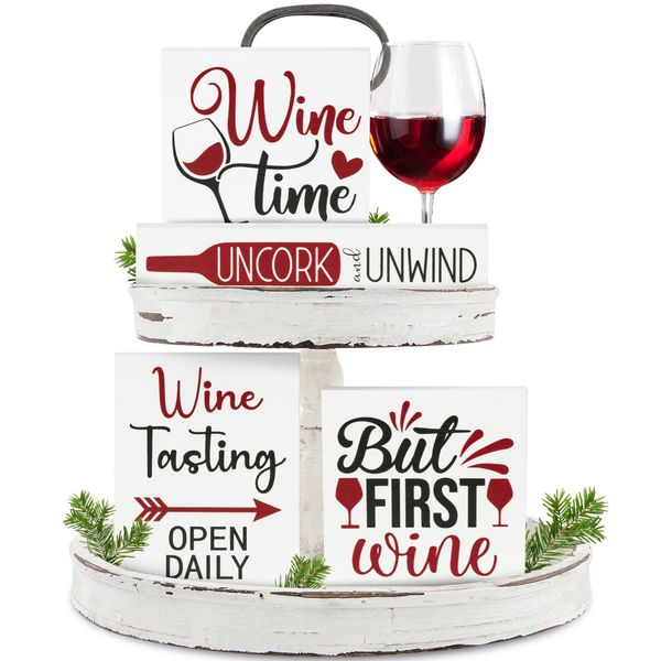 CPicdn Wine Tiered Tray Decorations - 4Pcs Wine Theme Wooden Table Centerpieces Block Plaque Table Sign Tabletop Decorations for Wine Party Home Kitchen Wine Bar Desk Shelf Supplies Wine Lovers Gifts