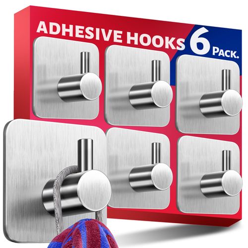 Menz Self Adhesive Hooks, Set of 6 – Strong Stick on Hooks, Sticky Hooks for Hanging Items - Door Hooks, Coat Hooks