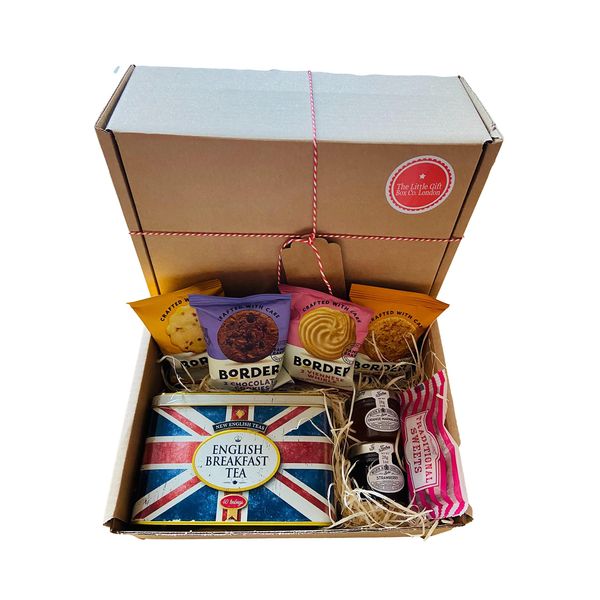 British Tea Gift Set Hamper Box with Biscuits, English Breakfast Tea in a Union Jack Tin, Jam and Marmalade. Luxury Present for Men, Dad or Grandad. Jubilee.