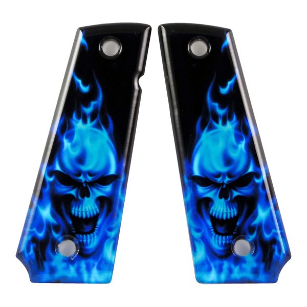 Custom 1911 A1 Full Size Skull Blue Flames SPD Acrylic Ambidextrous Grips- Compatible with Kimber, Colt, Taurus and Sig