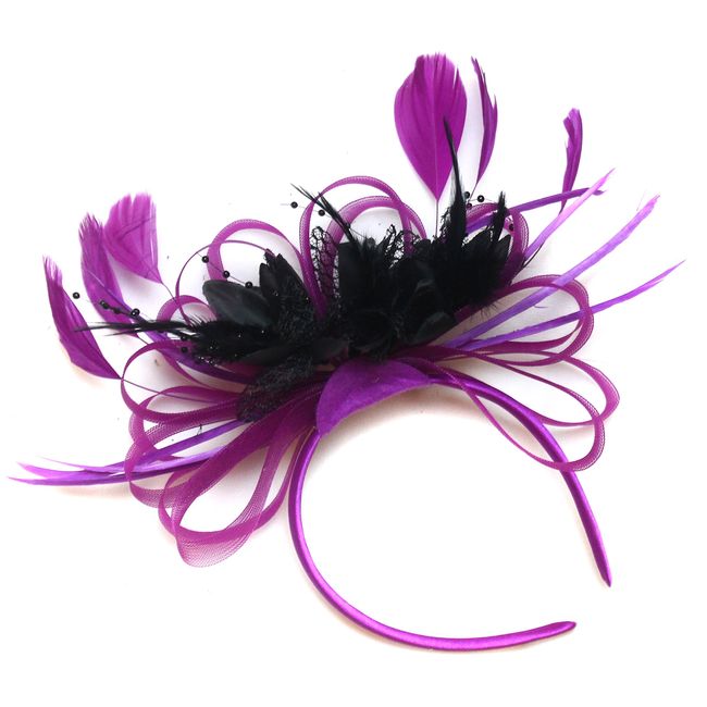 Caprilite Plum Magenta and Black Feather Hair Fascinator Headband Wedding Royal Ascot Races Ladies