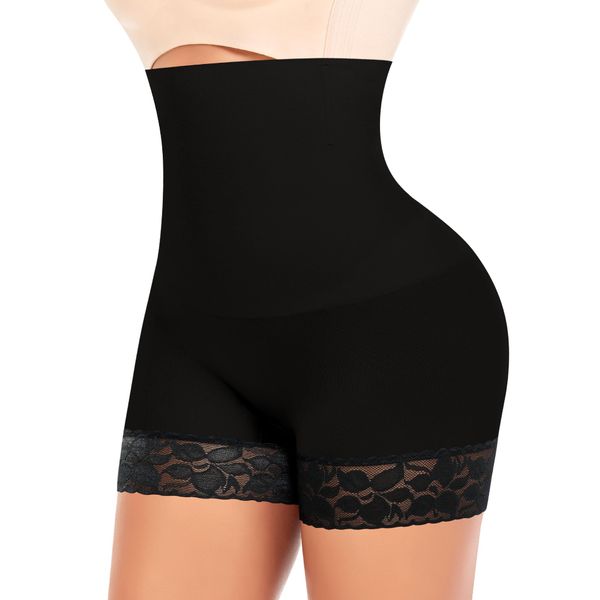 YARRCO Bauchweg Unterhose Damen Shapewear Nahtlose Spitze Miederhhose Hohe Taille Kurze Miederpants Body Shaper Leggings Figurformende Unterwäsche (Schwarz, S)