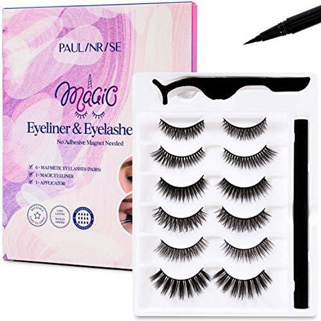 Paulinrise Eyeliner and Eyelashes Kit, No Glue needed, Reusable Silk 3D Faux Lashes, 6 Pairs