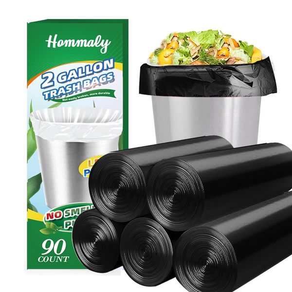 Hommaly 2 Gallon (1.8-2 Gal)90 pcs Small BlackTrash Bags, Strong 1.8 Gallon Garbage Bags, Bathroom Trash Can Bin Liners, Mini Plastic Bags for Office, Waste Basket Liner,Fit 6,7,8 Liters-Black