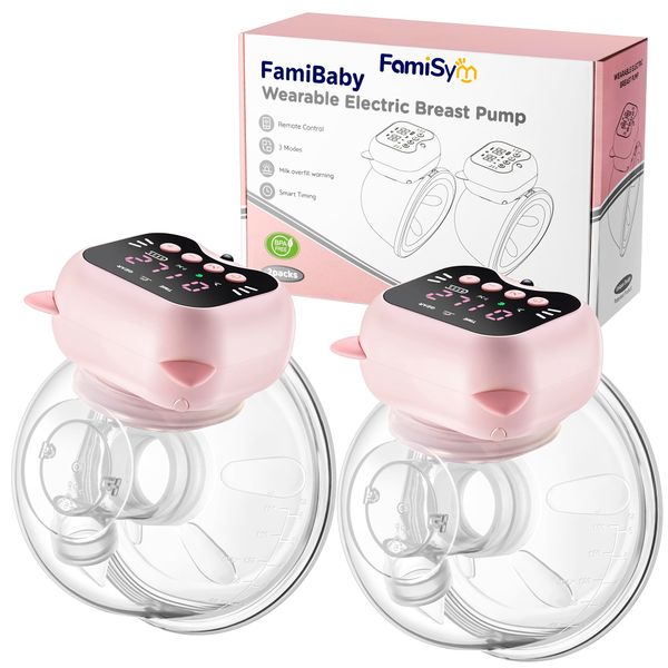 FamiSym Breast Pump Hands Free with 3 Modes & 12 Levels - Wearable Breast Pump of Rechargeable & Smart Display, Portable Electric Breast Pump, 24mm Flange, 2 Pack Pink