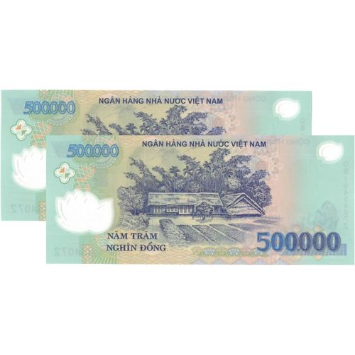 WORLDCOLLECTOR 2 x 500K VND - Total 1 Million Dong - 500,000 Dong UNC Uncirculated 100% Authentic Banknote Polymer