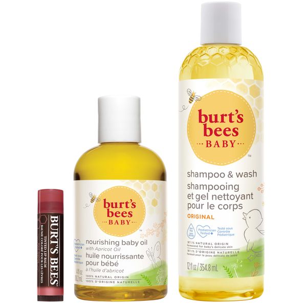 Burt's Bees Baby and Mom Gift Set with Nourishing Baby Oil, Original Baby Shampoo and Wash, and 100% Natural Origin Tinted Lip Balm, Red Dahlia