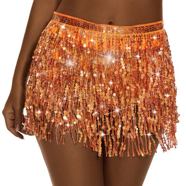 Zando Festival Clothing for Women Rave Belly Dance Skirt Tassel Sequin Hip Scarf Disco Space Cowgirl Outfit Sparkly Fringe Wrap Skirts Belt Dance Performance Accessories Orange One Size