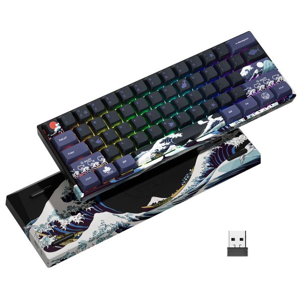 HITIME XVX 60% Gaming Keyboard, RGB Wireless Mechanical Keyboard, Mini 60 Percent Gamer Keyboard with Hot-Swappable Gateron G Yellow Pro Switch for Windows & Mac (Great Wave Off Kanagawa)